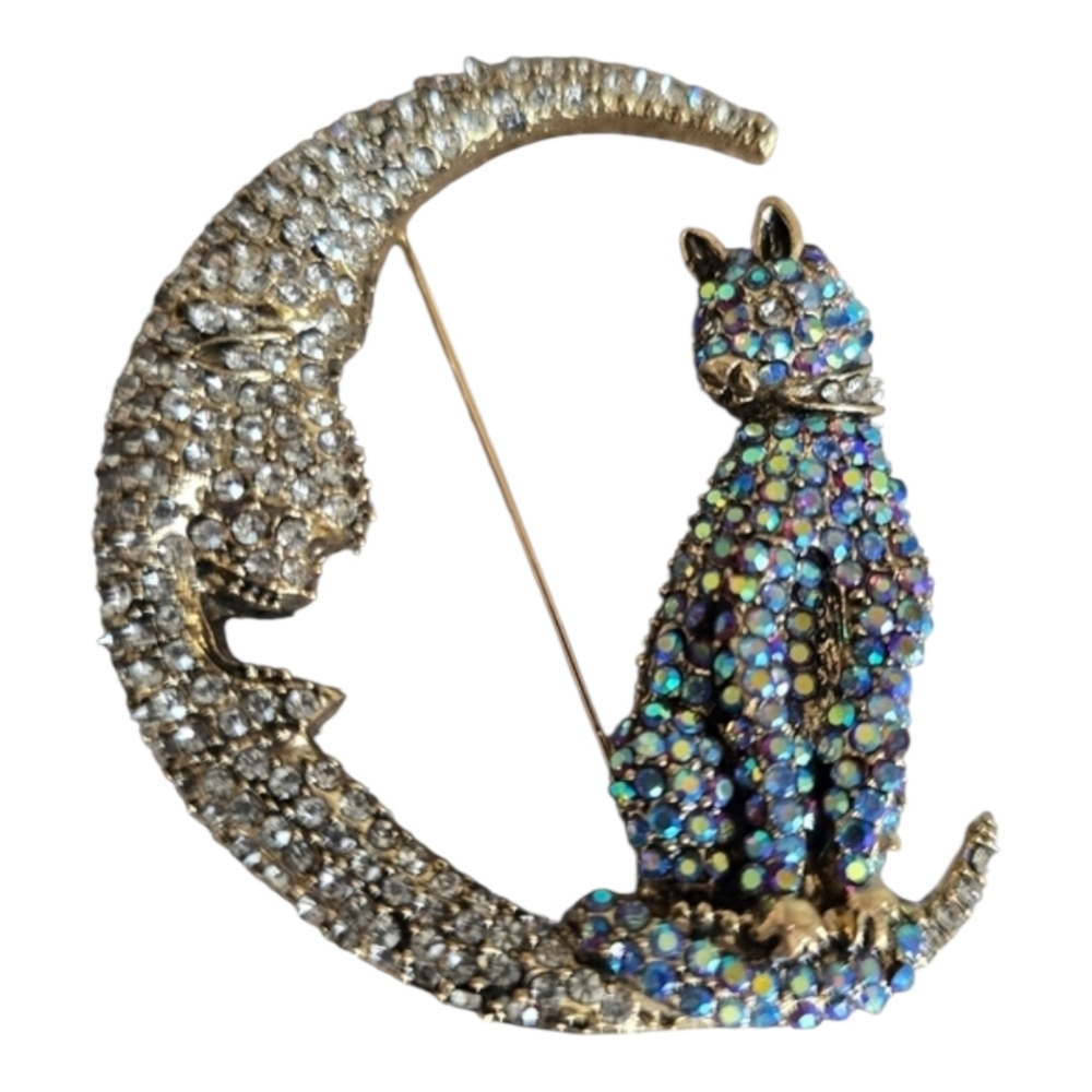 New Cat on the Moon Rhinestone Brooch Pin Lapel Scarf